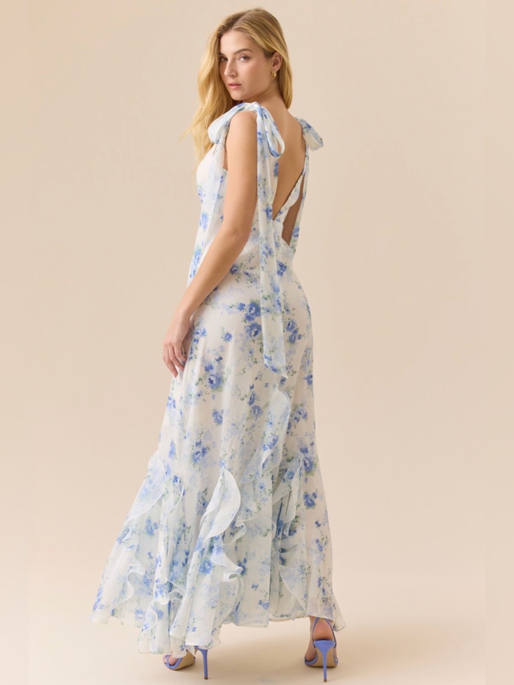 Altar'd State Blue & White Floral Tie-Shoulder V-Neck Maxi Dress - Picture 2 of 5